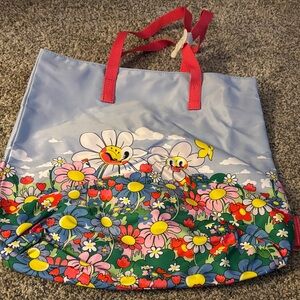Floral Print Tote Bag with Red Handles